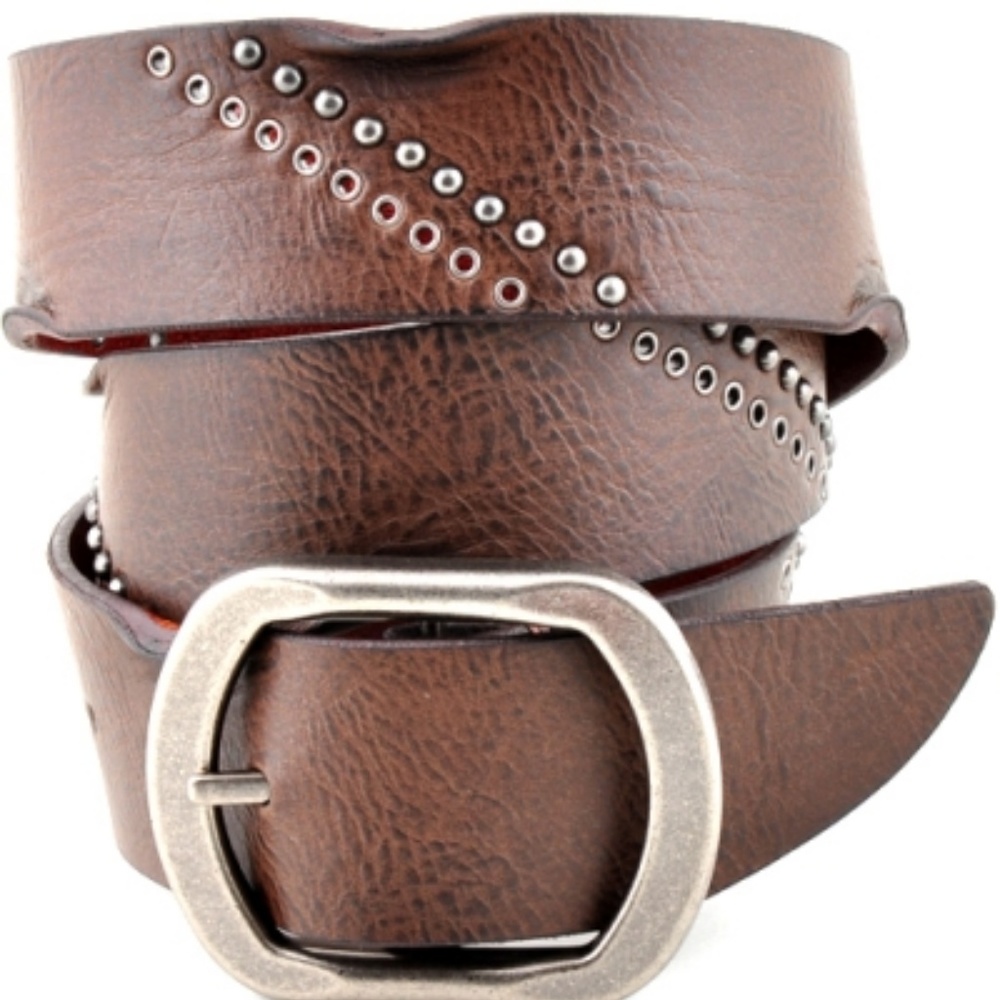 Genuine Leather Studded Belt - Brown